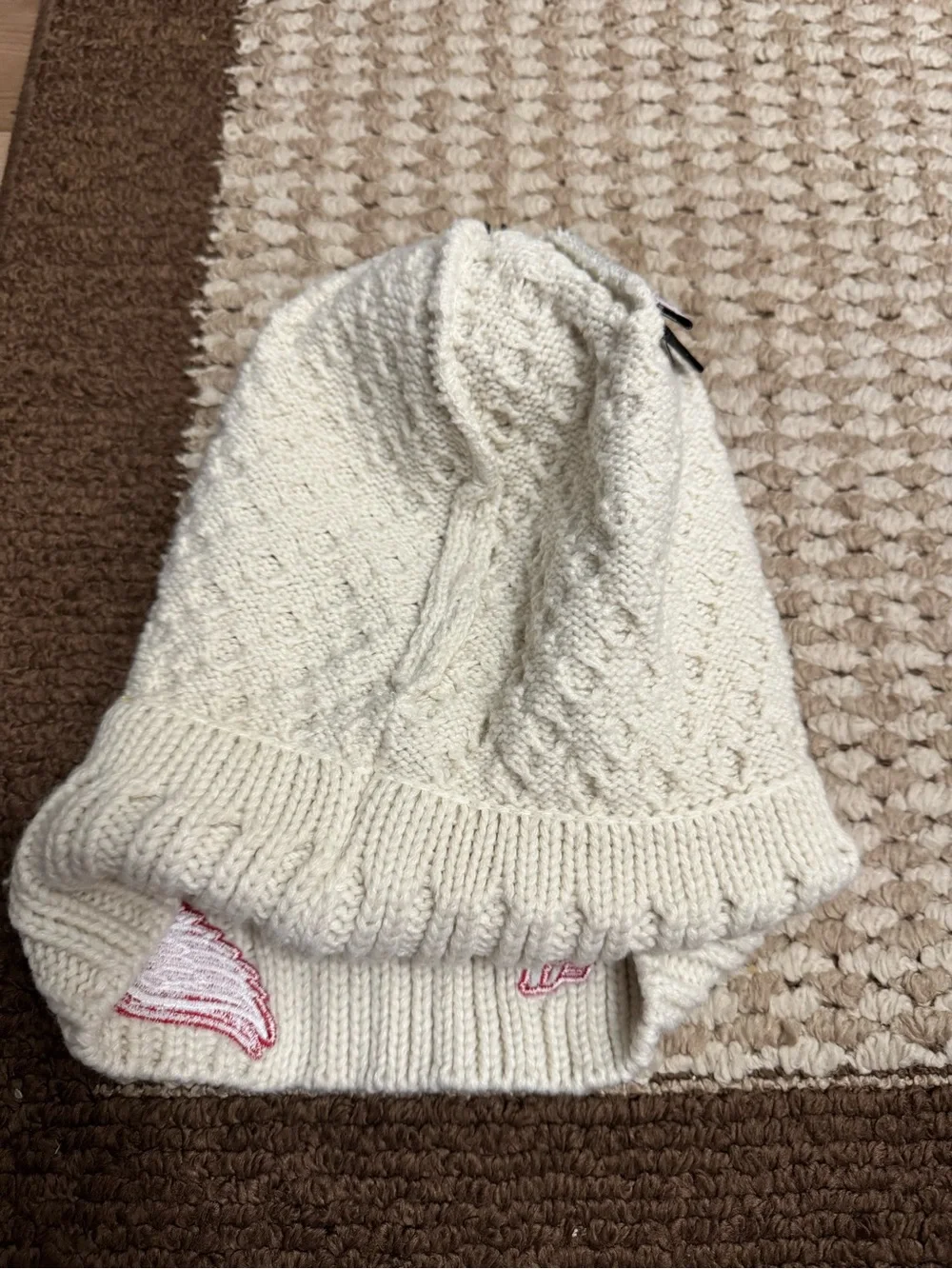 Cream Cable-Knit Pom Beanie with Red Wing Patch